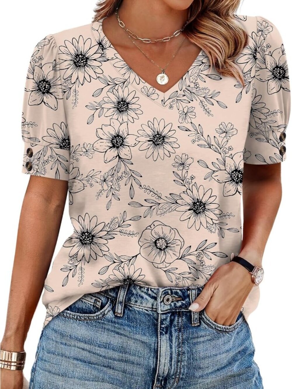 Women's Khaki Floral V-neck Puff Short Sleeve Button Cuff Summer Blouse Tee Top